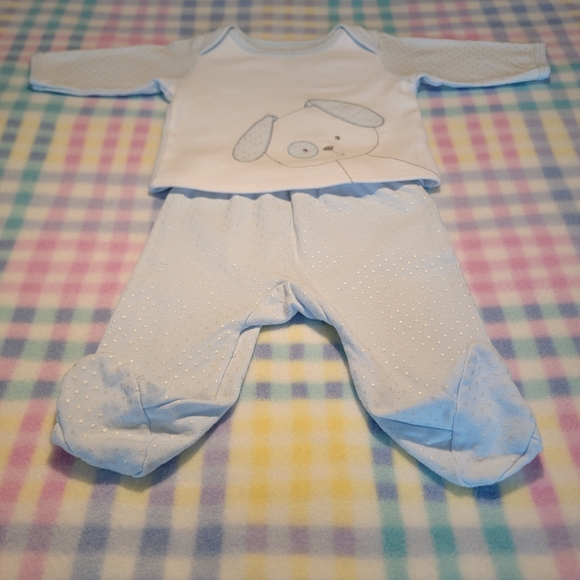 LITTLE TOTS 🐾 2pc Blue 'n White Embroidered Doggie Silver Polka Dot Outfit 0-3M - Picture 4 of 17